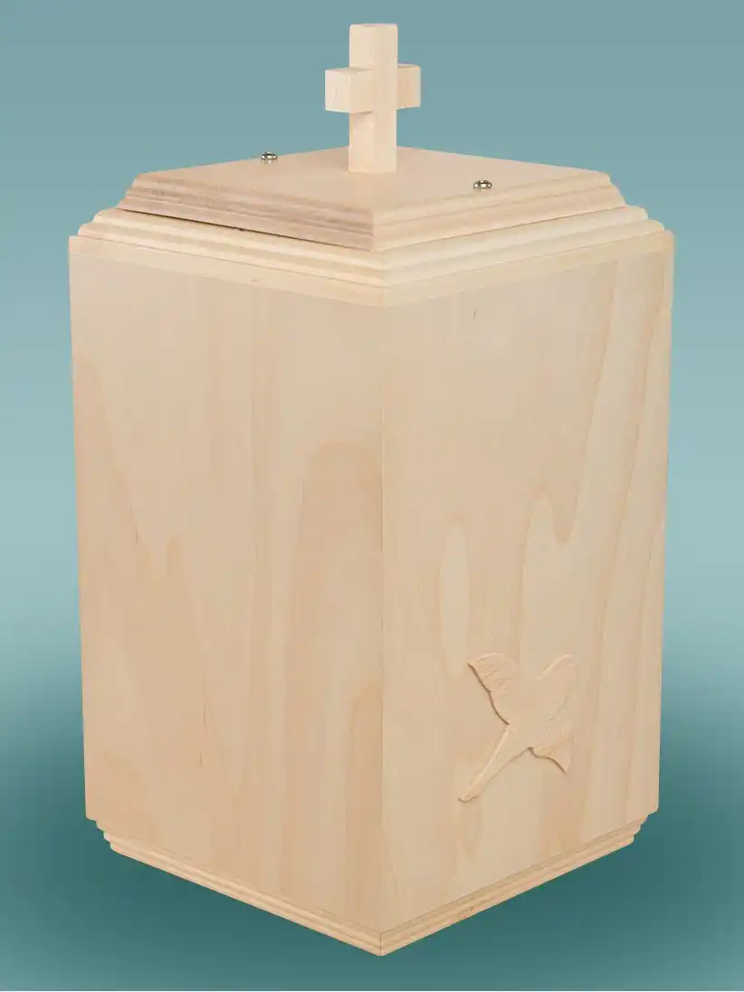 Koivu lintu uurna Koivupuinen uurna, jossa taivaalle kohoava lintu – käsityönä valmistettu Punkalaitumella, saatavilla eri väreissä.