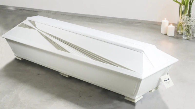 Virta kaksivärinen arkku Vaalea kotimainen arkku, jonka kannessa kulkee kaksisävyinen solmumainen kuvio – viittaus yhteyteen, perinteisiin ja elämän jatkumoon.