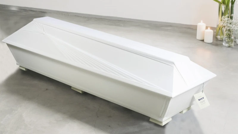 Virta valkoinen arkku Valkea kotimainen hautausarkku, jonka kannessa kulkee elämän virtaa kuvaava koriste – valmistettu käsityönä Punkalaitumella.